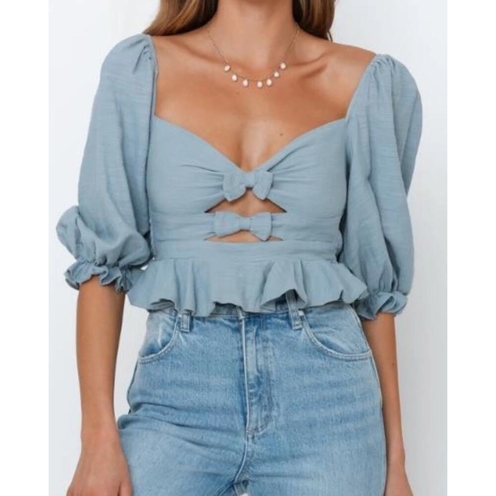 Indikah Blue Bow Front Puff Sleeve Crop Top XS Monica Bow